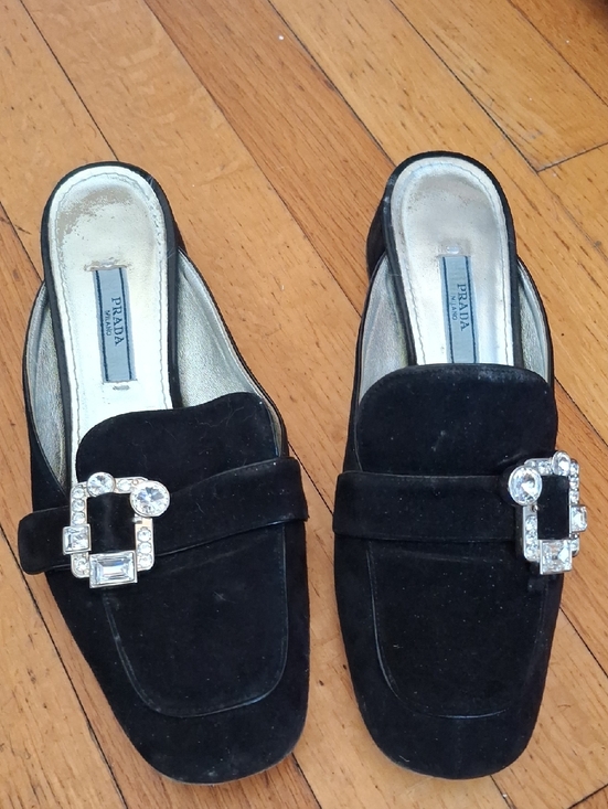 Prada Shoes - Prada Black Suede Mule with Crystal Buckle